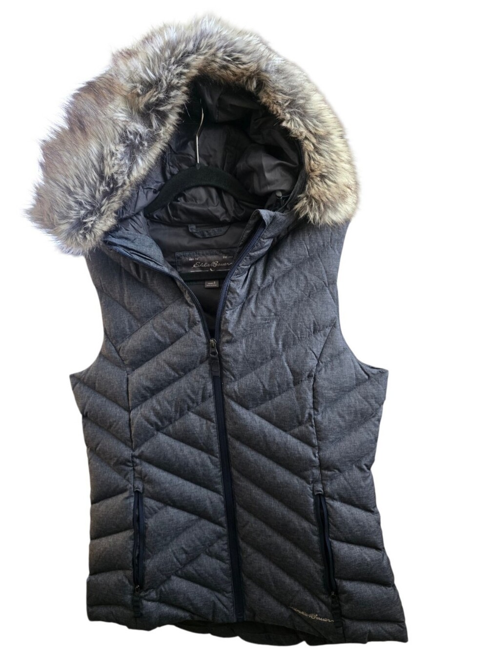 EDDIE BAUER Puffer Vest Womens Small Gray Sun Valley Down Hooded Faux Fur Trim